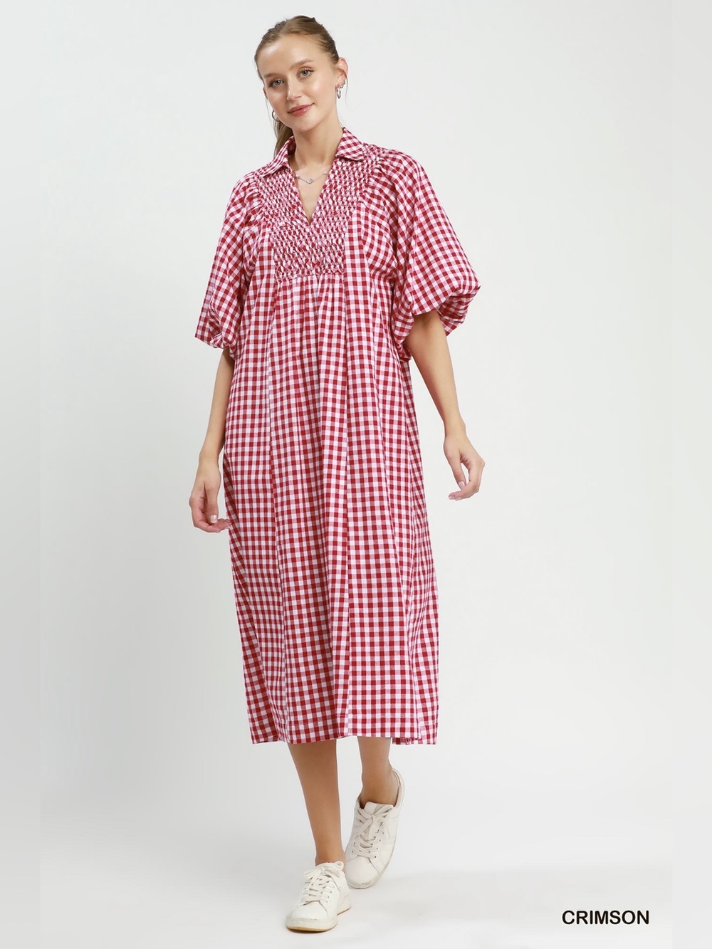 Umgee Puff Sleeve Plaid Midi Dress - Picture 4 of 6